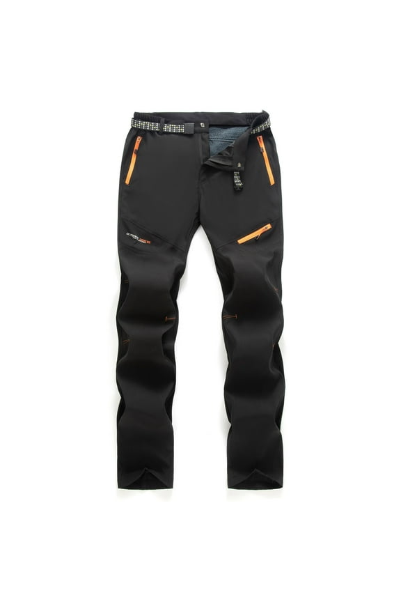 Men's Fleece Lined Hiking Pants, Nylon Spandex with Zippered Pockets Adjustable Waist, Straight-Leg Durable Outdoor Adventure Pants, Size XL Black