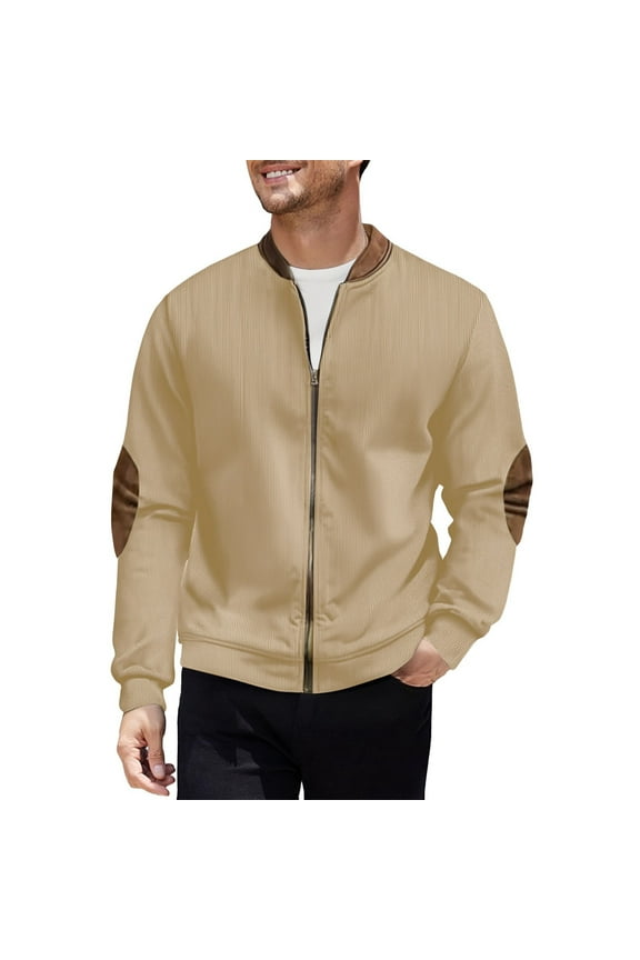 Men's Full Zip Cotton Bomber Jacket - 2XL Khaki Casual Outerwear with Stretch Fabric, Faux Leather Elbow Patches & Ribbed Collar/Cuffs