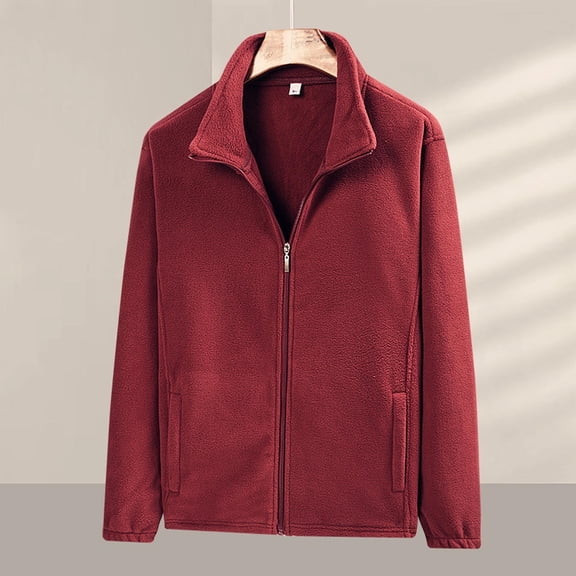 SYMOID Men's Full-Zip Fleece Jacket - 100% Polyester Soft Warm, Stand-Up Collar, Side Pockets, Durable Easy-Care, Wine Color, Size 2XL - Great for Daily/Outdoor/Winter