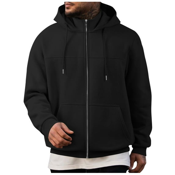 SYMOID Men's Full Zip Hoodie - 100% Polyester Relaxed Fit, All-Season with Kangaroo Pocket & Drawstring Hood, Ribbed Cuffs, Black, Size L