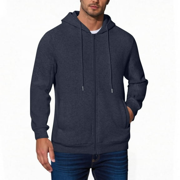 SYMOID Men's Full Zip Hoodie 100% Polyester - Size M, Navy, with Kangaroo Pocket, Machine Washable, Soft Durable for Casual & Layering