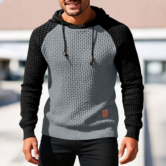 SYMOID Men's Gray S Hooded Knit Sweater - 100% Polyester, Raglan Sleeve, Color Block, Warm, Machine Washable with Adjustable Hood & Ribbed Hem