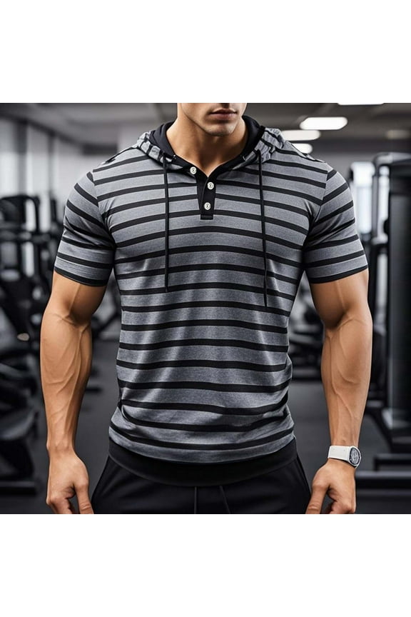 Men's Gray Striped Hooded Short Sleeve Top - 2XL Size, Polyester Spandex, Slim Fit, Breathable, Henley Neck, Adjustable Drawstring - Casual Gym Daily Wear