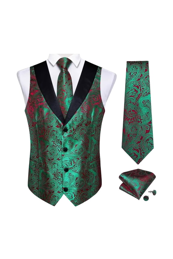 Men's Green Paisley Vest Set with Tie & Pocket Square - Wrinkle-Resistant Satin Lapel, Formal for Wedding/Prom, Size XL