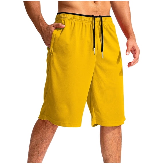 SYMOID Men's Gym Shorts 100% Polyester Quick-Drying Moisture-Wicking Elastic Waist with Drawstring Side Pockets for Workout & Daily Wear Yellow Size M