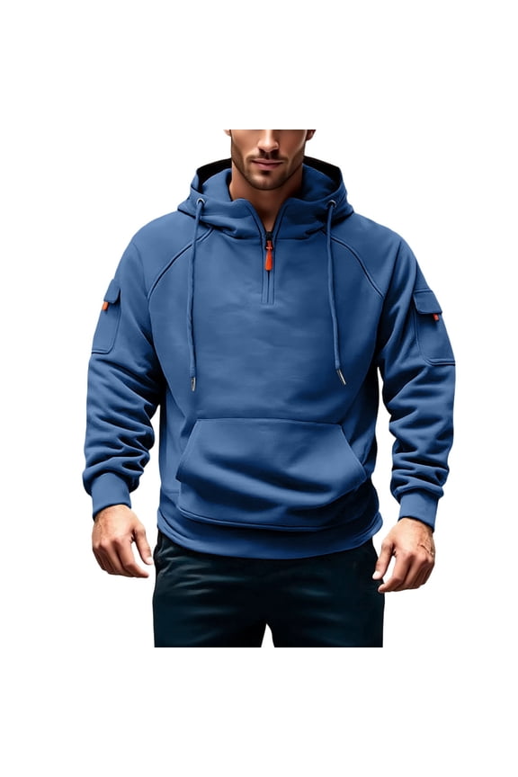 Men’s Half-Zip Hoodie, 100% Polyester Quick-Drying with Arm & Kangaroo Pockets, Durable for Outdoor/Casual, Navy, Size S