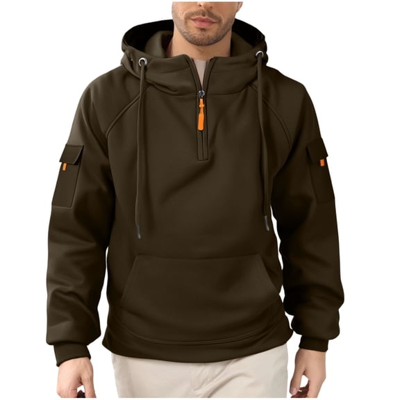 SYMOID Men’s Utility Half-Zip Hoodie - 100% Polyester, Multi-Pocket, Durable Quick-Dry, Size L, Coffee for Outdoor/Casual Wear