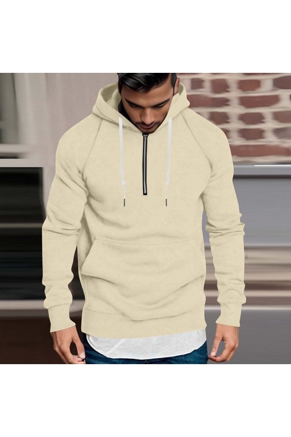 Men's Half Zip Hoodie Lightweight Quick Dry Polyester with Kangaroo Pocket - Size 2XL, Beige