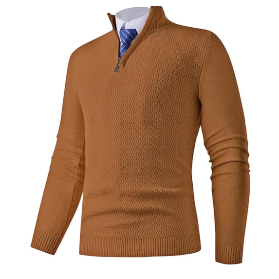 SYMOID Men's Coffee Half Zip Sweater - Size M, 100% Polyester Stand Collar Long Sleeve Textured Knit, Easy Care for Casual Outings & Office Layering
