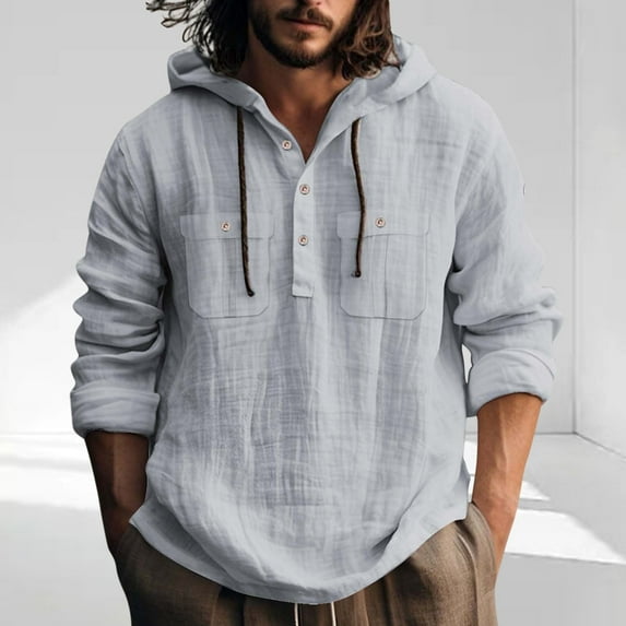 SYMOID Men's Hooded Button-Up Shirt - Wrinkle-Resistant Quick-Dry Polyester, Gray, Size M, Casual for Daily & Light Outdoor Use