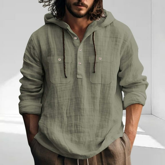 SYMOID Men's Hooded Shirt Linen-Like Polyester - Quick-Dry, Wrinkle-Resistant, Half Placket, Army Green, Size XL