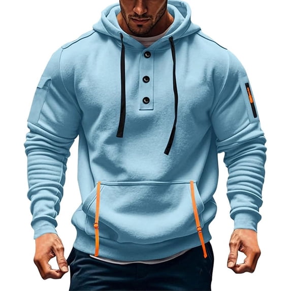 SYMOID Men’s Hoodie Size L, Sky Blue - 100% Polyester Henley Neck with Kangaroo Pocket, Soft Breathable Relaxed Fit for Casual/Workout