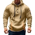 thumbnail image 1 of SYMOID Men's Khaki 100% Polyester Hoodie - Henley Neck with Buttons, Kangaroo & Sleeve Pocket, Ribbed Cuffs/Hem, Drawstring Hood, Size 2XL, Casual Athletic Style, 1 of 5