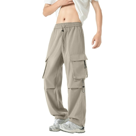 SYMOID Men's Khaki Cargo Pants Size 2XL - Durable Polyester Relaxed Wide-Leg, with Elastic Waist Drawstring & Multi-Pocket, Quick-Drying for Casual Daily & Outdoor Wear