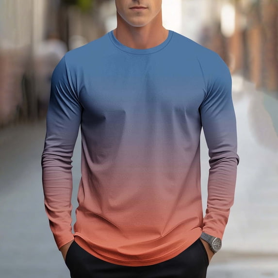 SYMOID Men's Long Sleeve Crew Neck Shirt - Sky Blue Ombre Polyester Cotton Blend, Size L, Versatile Comfortable for Casual/Gym/Layering, Affordable Stylish