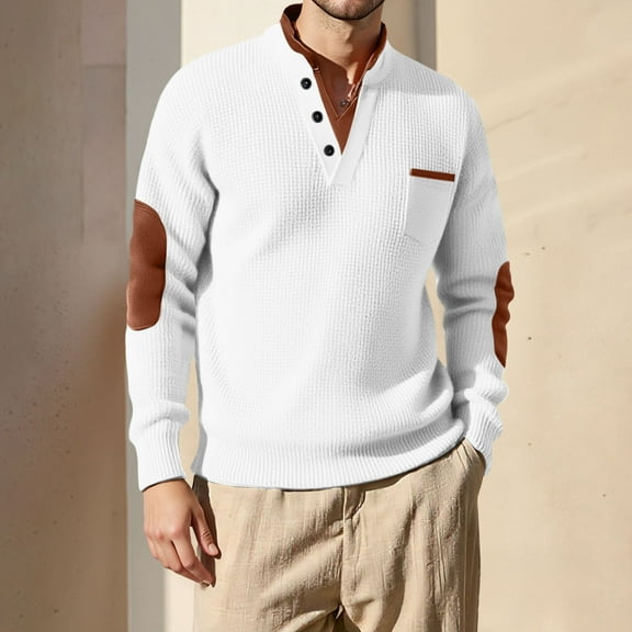 SYMOID Men's Long Sleeve Henley Sweater - Soft Stretch Knit with Elbow Patches & Chest Pocket, Ribbed Hem, 48% Polyester Blend, Casual Vintage Style for Daily Wear, White, Size XL