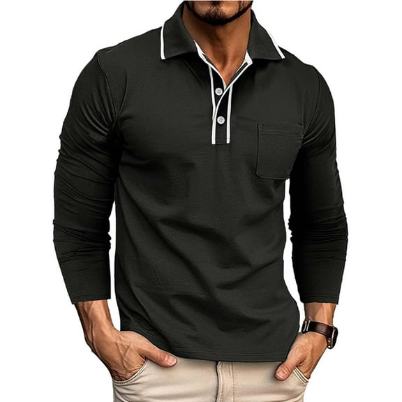SYMOID Men's Long Sleeve Polo Shirt - Breathable Cotton, Classic Fit with Contrast Trim & Chest Pocket, Machine Washable, Size M, Black