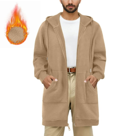 SYMOID Men's Long Zip-Up Hooded Jacket - Size L, Khaki, 100% Polyester, Warm Full-Zip Hoodie with Pockets, Relaxed Fit for Casual/Outdoor Wear, Ribbed Cuffs