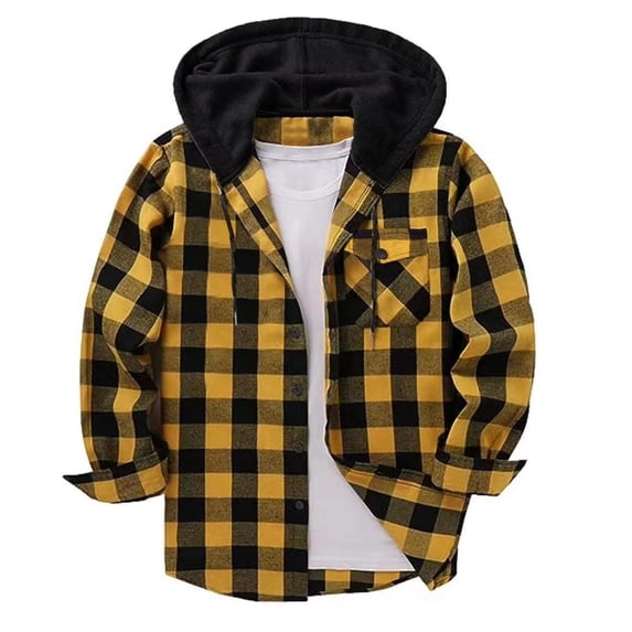 SYMOID Men's Yellow Plaid Hooded Shirt - M Size, Polyester-Cotton Blend, Long Sleeve Button-Front, Soft Breathable, Casual Outdoor Daily Wear Layerable Top