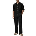 thumbnail image 1 of SYMOID Men's Matching Two-Piece Set - Casual Button-Down Camp Collar Shirt & Straight-Leg Pants, Stretch Polyester Spandex, Black, Size L, 1 of 7