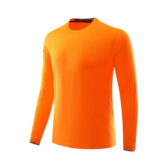 SYMOID Men's Moisture Wicking Long Sleeve Sports Top - Orange, Size XL, Nylon Spandex Stretch, Crew Neck with Neon Green Accents, Ideal for Gym Running Hiking Casual Wear