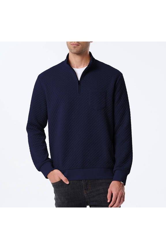 Men's Navy S Size Quarter-Zip Pullover - 100% Polyester Diamond Quilted Stand Collar, Chest Pocket & Ribbed Hem for Casual Cool Weather