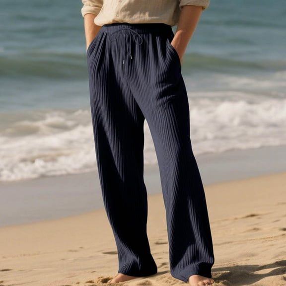 SYMOID Men's Navy Size M Casual Pants - Nylon Spandex Stretchy, Ribbed Knit, Elastic Waist with Drawstring, Breathable for Home & Casual Outings