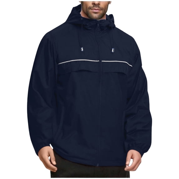 GUZOM Men's Nylon Hooded Jacket,Lightweight,Water-Resistant & Windproof with Reflective Strips,Navy,Size L,Ideal for Work/Daily/Spring Fall