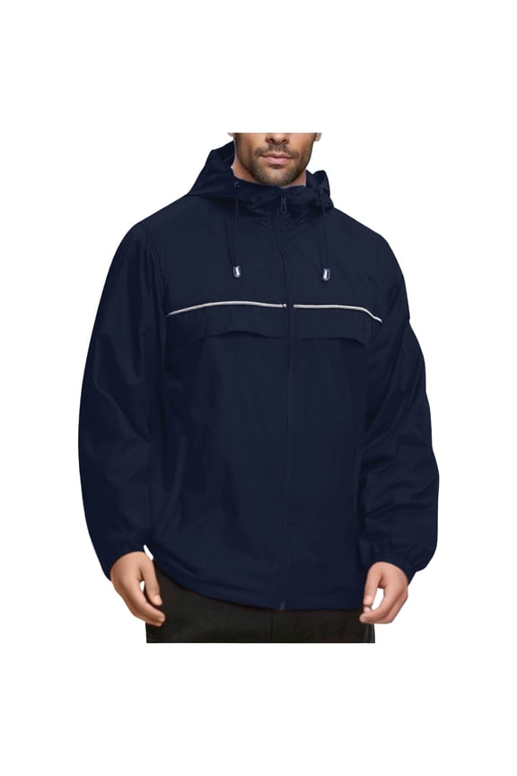 GUZOM Men's Nylon Hooded Jacket,Lightweight,Water-Resistant & Windproof with Reflective Strips,Navy,Size L,Ideal for Work/Daily/Spring Fall