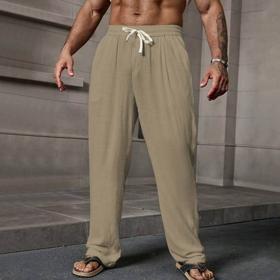 SYMOID Men's Nylon Spandex Casual Long Pants - Relaxed Fit Straight Leg, Stretchy Breathable, Drawstring Waist, Khaki Color, Size 2XL