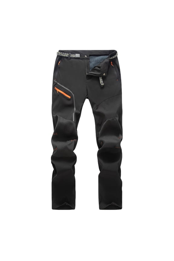 Men's Outdoor Softshell Pants, Fleece Lined Warm Windproof Water Resistant, Black, Size L, Stretchy with Adjustable Waist & Reinforced Knees