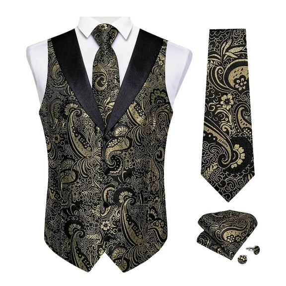 SYMOID Men's Paisley Vest Set with Satin Lapel - Wrinkle-Resistant Polyester, Includes Tie & Pocket Square, Size L, Yellow for Wedding/Prom/Business
