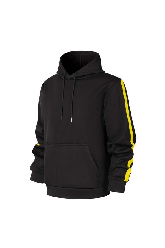 Men's Pullover Hoodie (Size S) - Black, 100% Polyester, Relaxed Fit, Yellow Stripe Sleeves, Drawstring Hood & Kangaroo Pocket, Ribbed Cuffs, Easy Care for Daily/Gym Wear