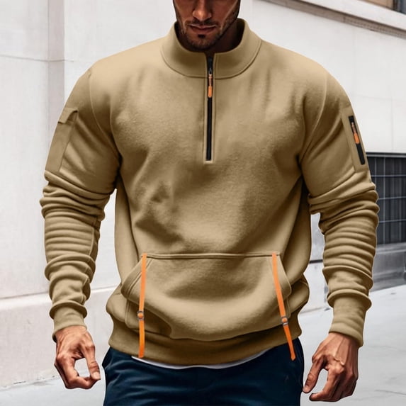 SYMOID Men's Quarter Zip Pullover Sweatshirt - 100% Polyester Khaki Size M, with Kangaroo Pocket & Arm Utility Pocket, Ribbed Cuffs, Stand-Up Collar for Casual/Active Wear