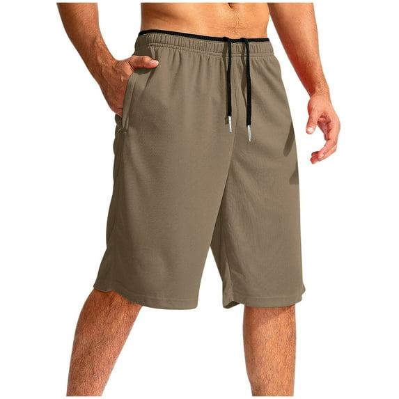 SYMOID Men's Quick Dry Athletic Shorts 100% Polyester - Elastic Waist with Drawstring, Side Pockets, Moisture Wicking - Khaki, Size L
