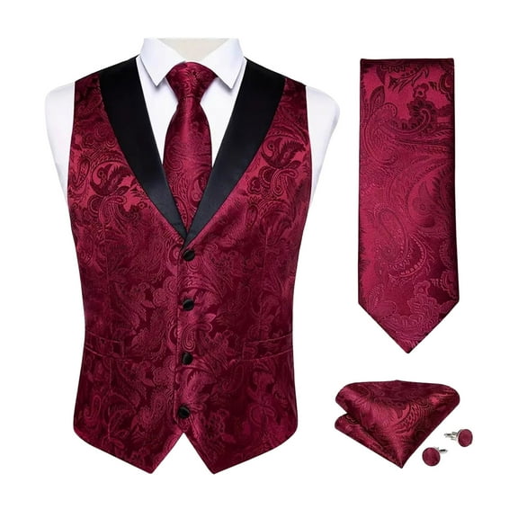 SYMOID Men's Red Paisley Vest Set - 3-Piece with Tie & Pocket Square, Satin Lapels, Wrinkle-Resistant for Weddings/Prom, Size L