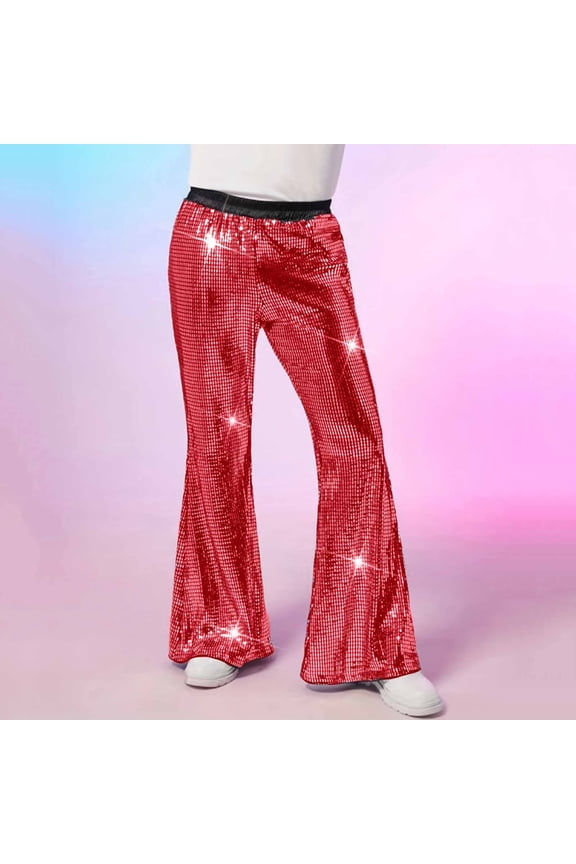 Men's Red Sequin Flared Pants Size 2XL - Stretchy Nylon-Spandex, Retro Disco 70s-Inspired High Waisted, Sparkly for Halloween/Parties/Stage/Club Nights