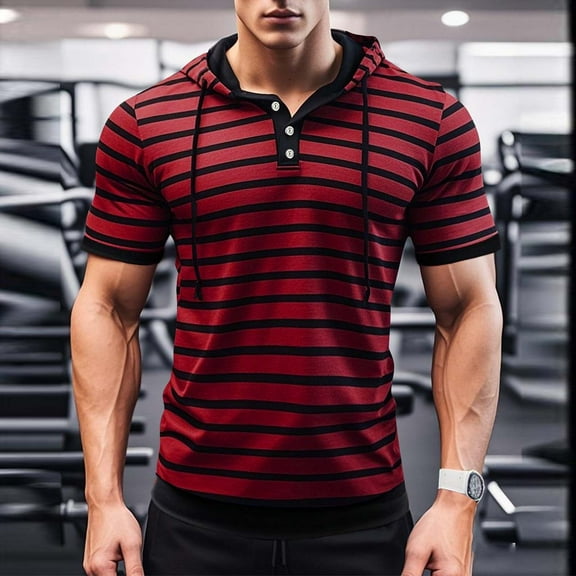 SYMOID Men's Red Striped Hooded Short Sleeve Shirt - Size M, Polyester Spandex, Slim Fit Henley, Breathable for Casual Gym & Daily Wear
