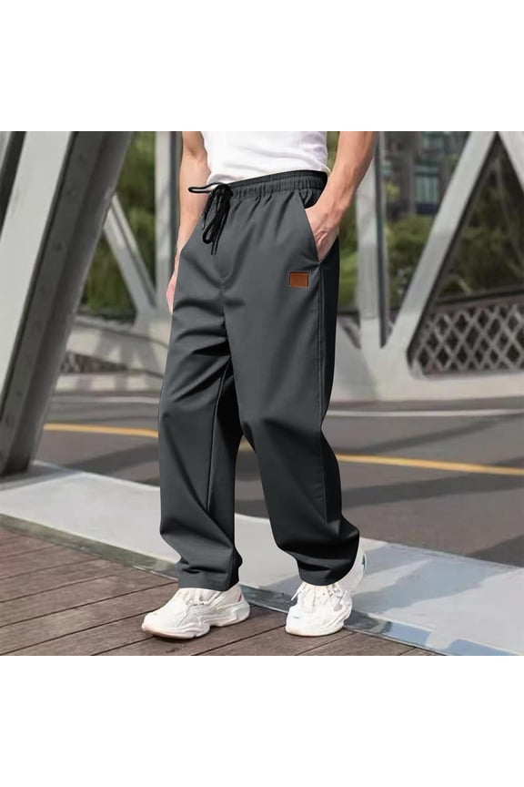Men's Relaxed Fit Polyester Casual Pants - Elastic Waist with Drawstring, Machine Washable Quick Dry, Side Pockets, Gray, Size 2XL