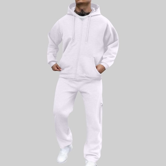 SYMOID Men's S Size White Sweatsuit - 100% Polyester Quick-Dry, Zip-Up Hoodie with Kangaroo Pocket & Jogger Pants, Casual/Loungewear/Light Sports, Easy Care