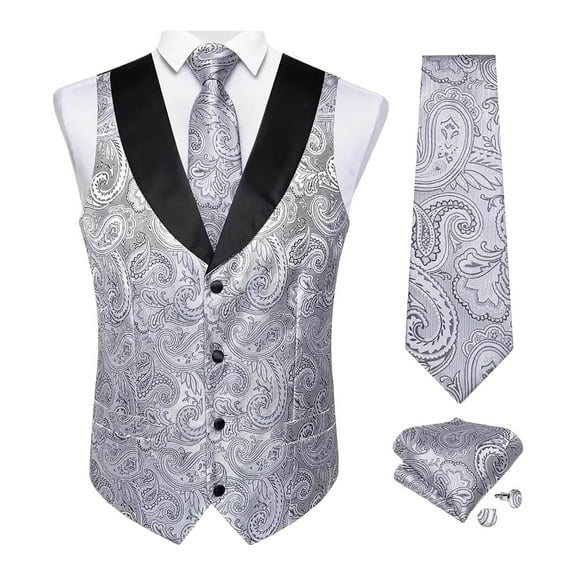 SYMOID Men's Silver Paisley Vest & Tie Set - XL Size, Wrinkle-Resistant Polyester, 3-Piece (Vest, Tie, Pocket Square) for Formal/Wedding/Gala