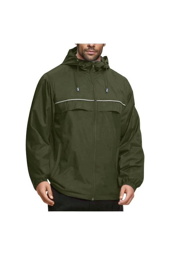 Men's Size L Army Green Nylon Hooded Jacket - Reflective Strips, Water-Resistant Windproof for Work/Commute/Spring Fall