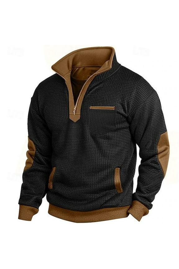 Men's Black Size M Stretchy Quarter-Zip Waffle Knit Pullover - Warm Polyester-Rayon Blend with Chest Zip & Side Pockets