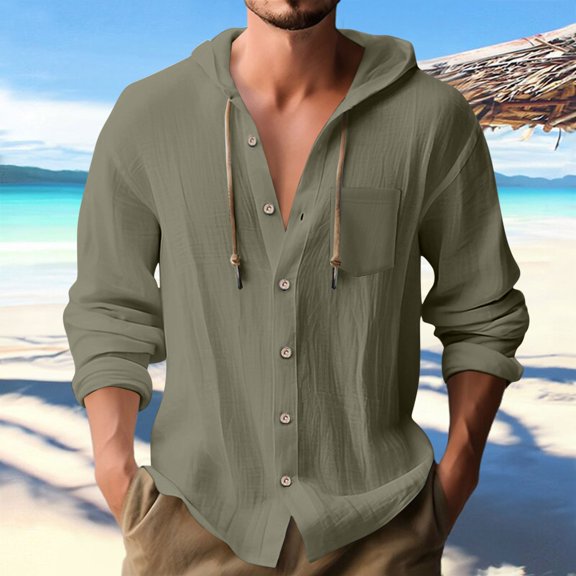 SYMOID Men's Size S Hooded Button-Down Shirt - Polyester Linen Feel, Wrinkle-Free Quick-Drying, Adjustable Hood, Army Green for Casual & Light Outdoor