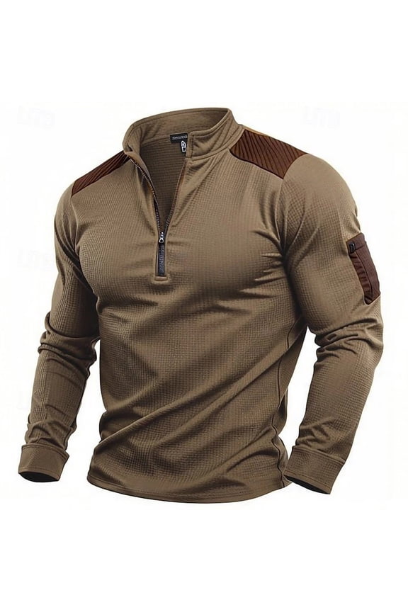 Men's Soft Stretch Brown Half-Zip Long Sleeve Top - Polyester Rayon Blend with Shoulder Patches & Arm Pocket, Size M, Ideal for Casual/Outdoor/Work Wear