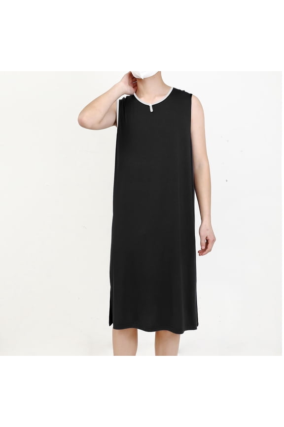 Men's Soft Wrinkle-Resistant Sleeveless Long Loungewear Gown - 20% Modal 40% Cotton 40% Polyester, Side Slits, Black, Size 2XL