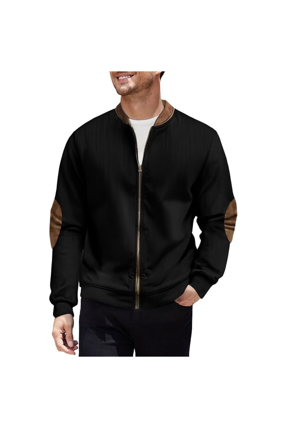 Men's Stretch Cotton Bomber Jacket - Full-Zip, Faux Leather Elbow Patches, Ribbed Cuffs/Collar, Casual Spring/Fall Outerwear, Size 2XL, Black