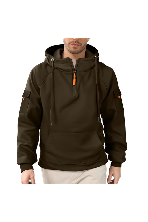 Men’s Coffee Half-Zip Hoodie - 100% Polyester, Size M, Pullover Raglan Sleeves, Multi-Pockets (Kangaroo+Sleeve), Relaxed Fit