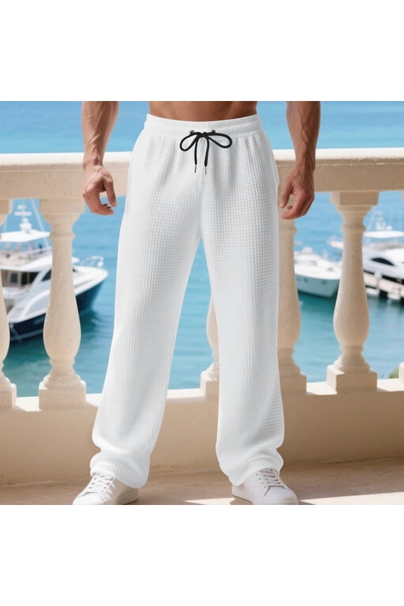 GUZOM Men's Waffle Knit Lounge Pants Loose Straight Leg,Drawstring Waist,Soft Stretch Breathable,White,Size 2XL
