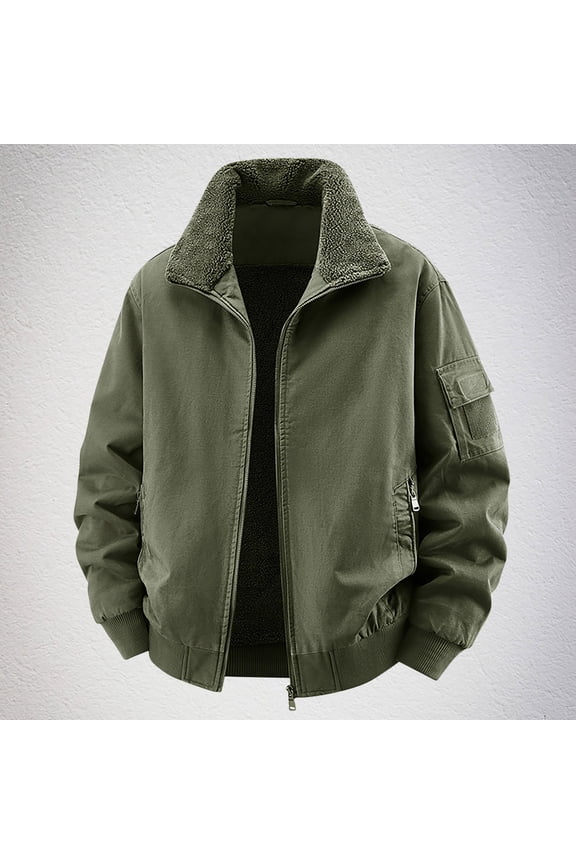 Men's Warm Cotton Bomber Jacket - Army Green, Size XL, Sherpa Lined Collar, Durable Outerwear with Pockets for Cool Weather Daily & Outdoor Use